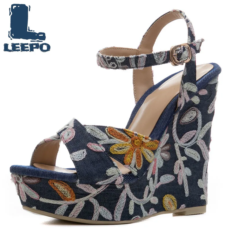 

LEEPO Shoes Woman Summer Wedges Platform Sandals Women Denim Embroider Ankle Strap Open Toe Sandles Ladies Plus Sandalias Shoes