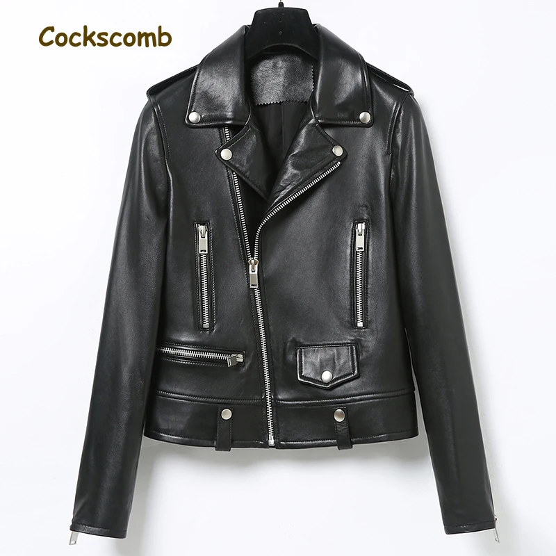 

Cockscomb Locomotive Leather Jacket Women Turn Down Collar Zippers Pockets Real Sheepskin Leather Coats 2018 Autumn Winter