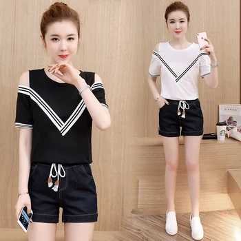 

A Set Clothing Short-Sleeved Sweatshirt Shorts Casual Summer Wear New Women'S Korean Fashion Suits Two-Piece Woman S-XL Stripe