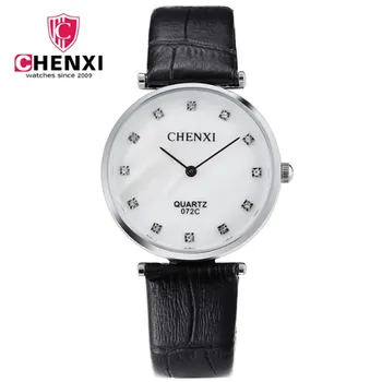 

CHENXI Male Genuine Leather Watch Top Brand Silver Case Rhinestone Relogio Masculino Quartz Analog Display Watch relojes hombre