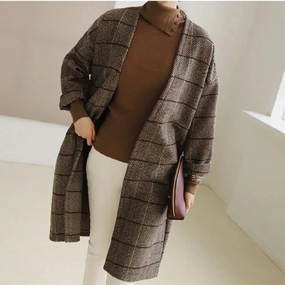 UK Женское шерстяное пальто осень зима Cassic простое длинное клетчатое пальто кардиган тренчкот шерстяное пальто универсальные винтажные размера плюс - Цвет: Коричневый
