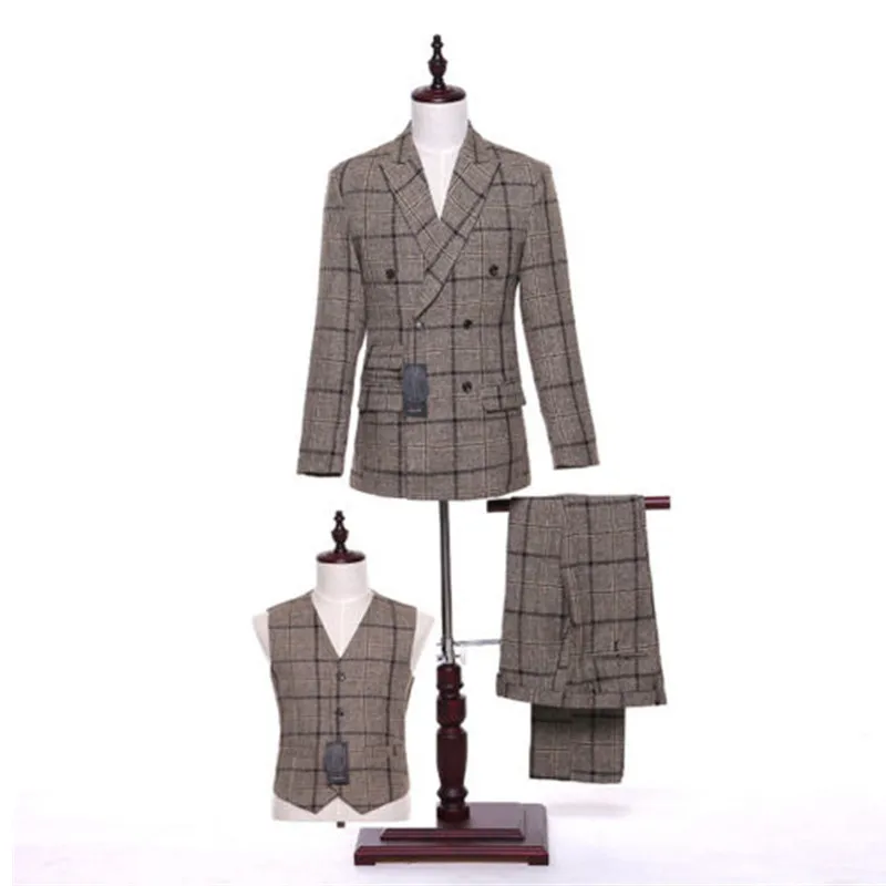 4-1 139.99   Khak Plaid Men Slim Fit Wedding Suits Groom Tuxedos Groomsmen Formal Suit Lapel (jacket + pants + vest) custom made