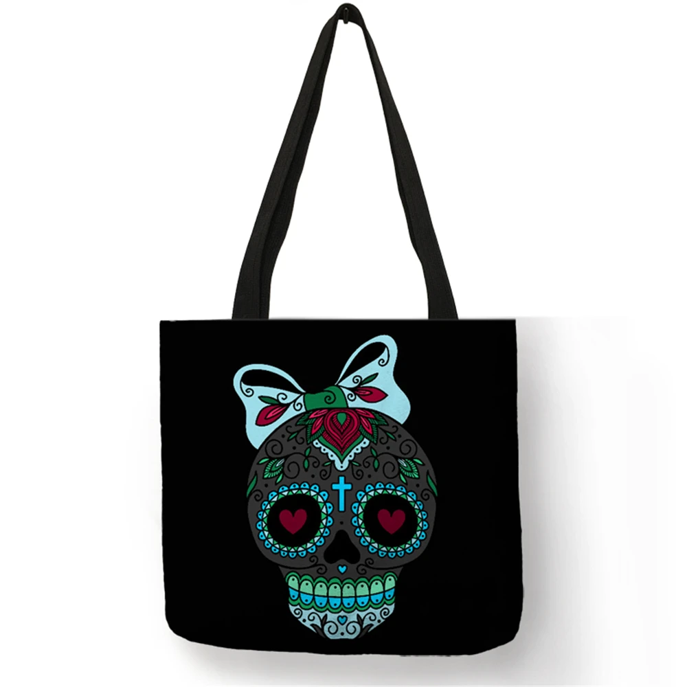 Floral Skull Print Linen Tote Bag Reusable Shopping Bags Folding Women Casual Handbags Lady Fabric Tote Bags - Цвет: 009