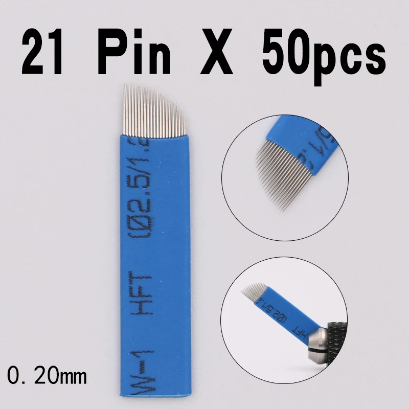 

21 Pins 50PCS Permanent Makeup Eyebrow Tattoo Bevel Blade Microblading Needles For 3D Embroidery Manual Tatoo Pen Machine Yellow