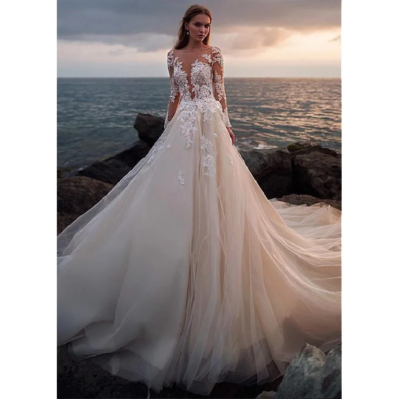 Свадебные платья с длинным рукавом и круглым вырезом,, Vestido de Novia Robe de Mariee, тюлевые кружевные аппликации на молнии, пуговицы, свадебные платья