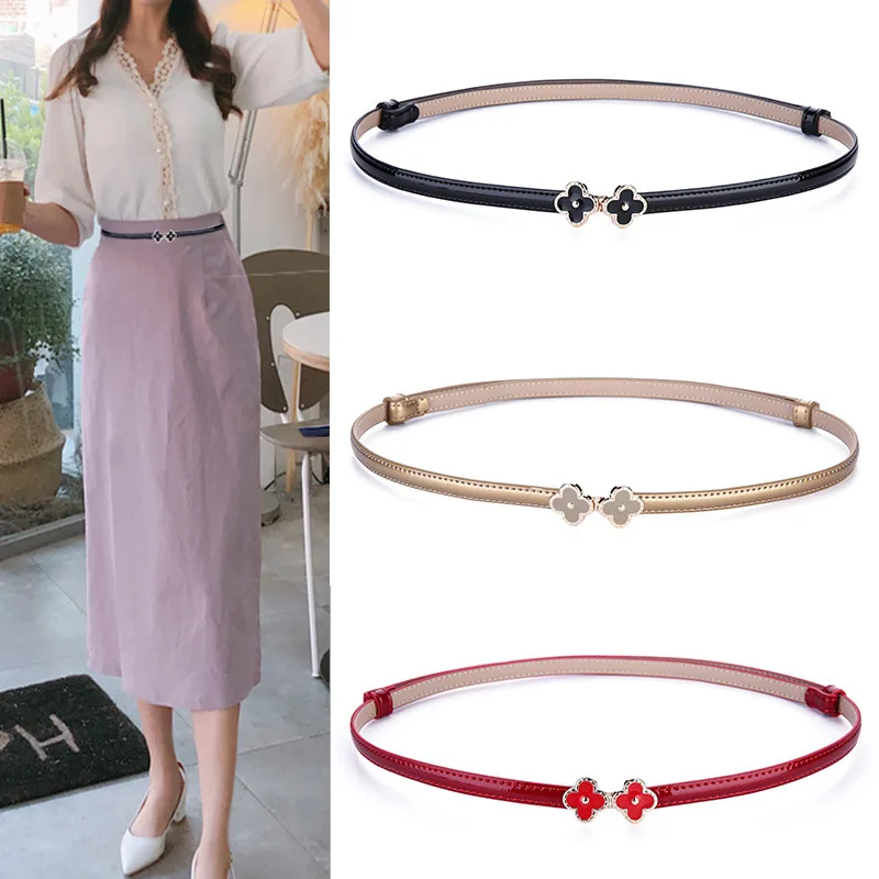 

1cm Bright Patent Leather Dress Belts For Women Four-leaf Clover Buckle Adjustable Decorative Belt Luxury Jeans Strap Party gold