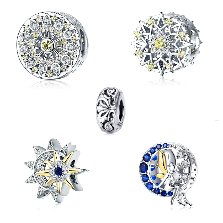 

925 Sterling Silver Vintage Flower Charms Fit Original Pandora Charm Bracelet Sun Meet Moon Baroque Beads for Jewelry Making