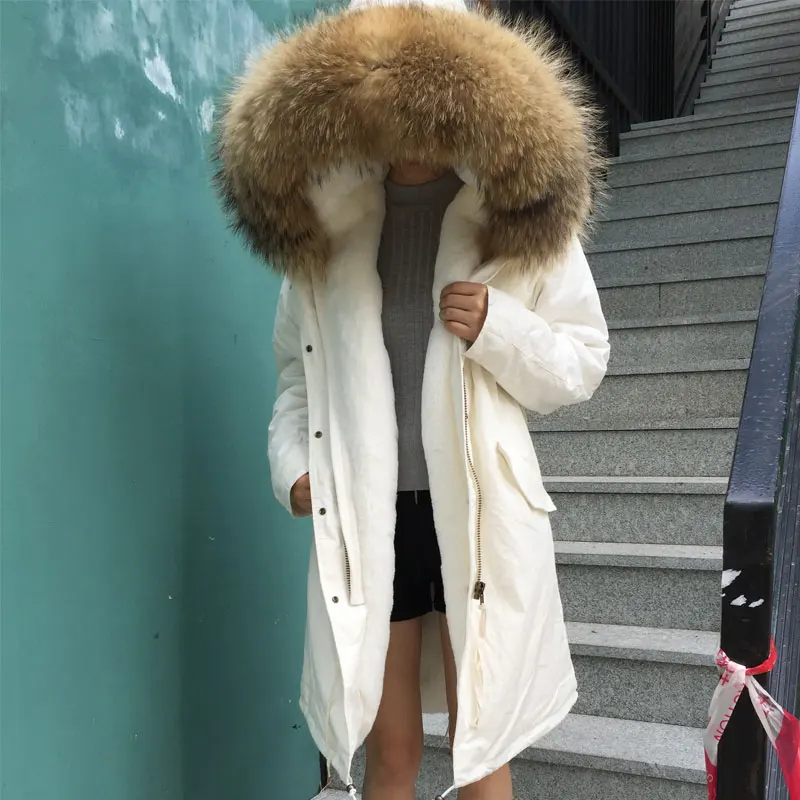 

Pure White Long Down Fake Fur Lining Natural Raccoon Fur Mr Mrs Fur Winter Warm Season Holiday Wear