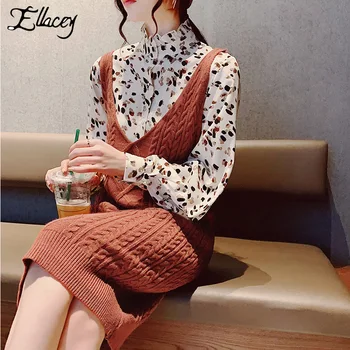

Ellacey Fashion Suit 2019 Spring New Women's Shirt + Knit Vest Two-piece Dress Long Sleeve Printed Blouse Sweater Dress Set