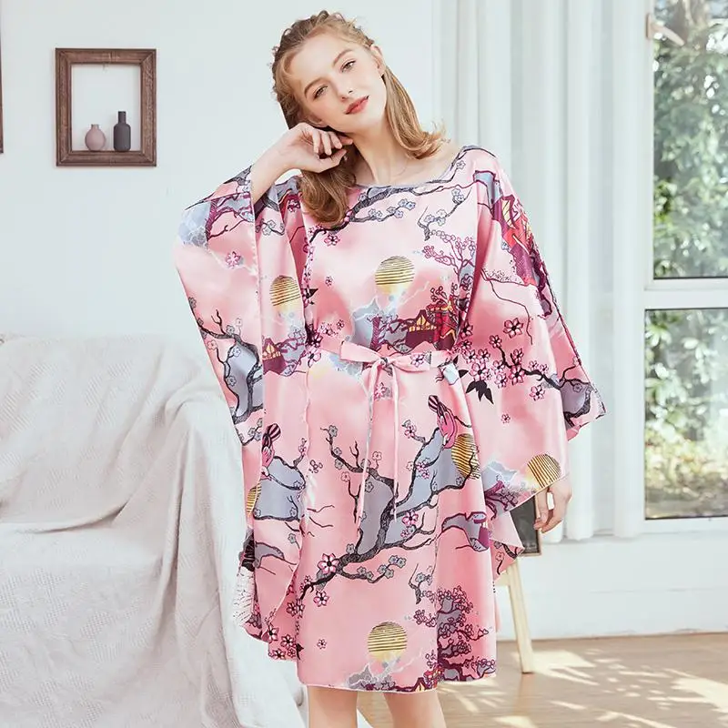 Летнее атласное кимоно платье размера плюс, женский халат с принтом, рукав «летучая мышь», ночная рубашка, повседневная одежда для сна, халат, мини Пижама, ночная рубашка - Цвет: Pink3