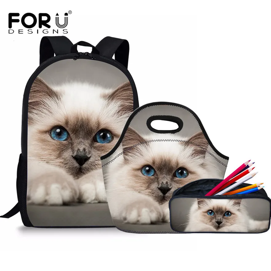 

FORUDESIGNS 3pcs/set Siamese Cat Printing Children School Bags Animal Girls Kids Backpack with Pencil Case Schoolbag Students