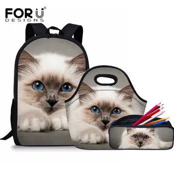 

FORUDESIGNS Children School Bags 3pcs/set Siamese Cat Printing Animal Girls Kids Backpack with Pencil Case Schoolbag For Girls
