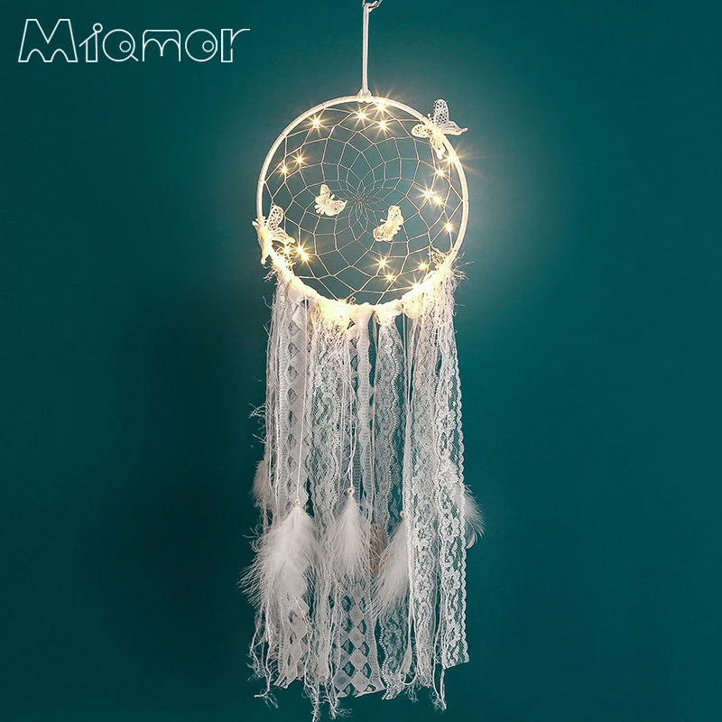 

MIAMOR Big White Dreamcatcher With Light & Butterfly Wedding Hanging Pnedant Decorations Ornament Home Decor Accessories Amor153