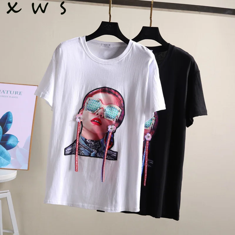 Women T Shirts Street Fashion loose casual Summer Black T Shirt Women 2019 New Planet Print Casual diamonds Women Tops T-Shirts