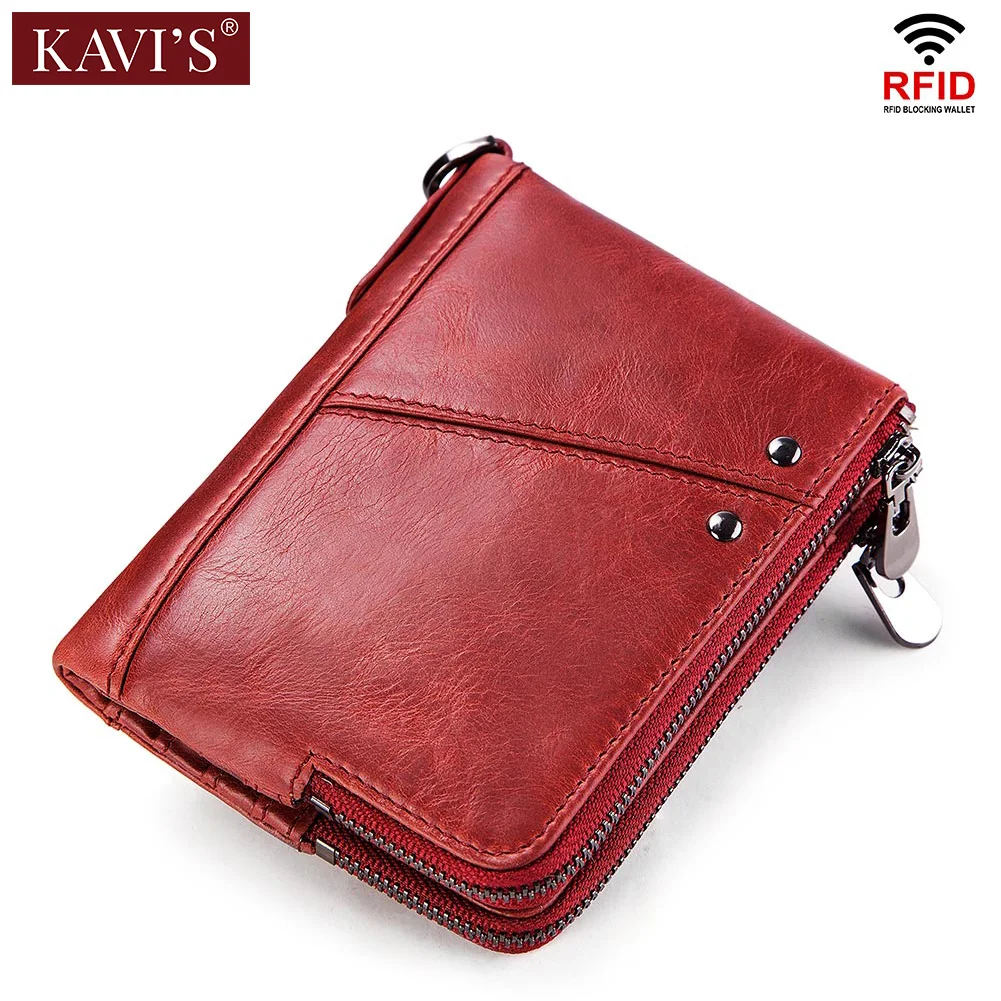 

KAVIS Rfid 100% Genuine Leather Women Wallet Female Red Coin Purse Small Walet Portomonee Vallet and Money Bag Lady Card Holder