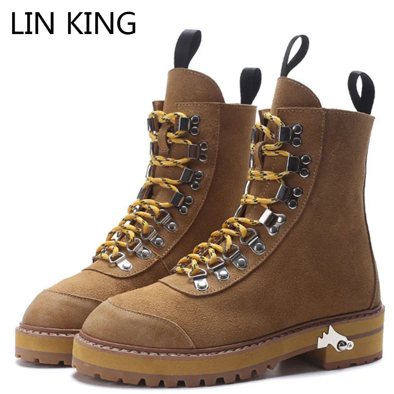

LIN KING Retro Women Genuine Leather High Top Boots Solid Lace Up Ladies Martin Boots Female Work Safety Boots Punk Short Boots