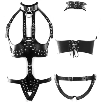 

Black Pu Leather Harness Belt Set Full Bondage Bra Sexy Hollow Out Harajuku Goth Lingerie Party Dance Garter belt for Women's