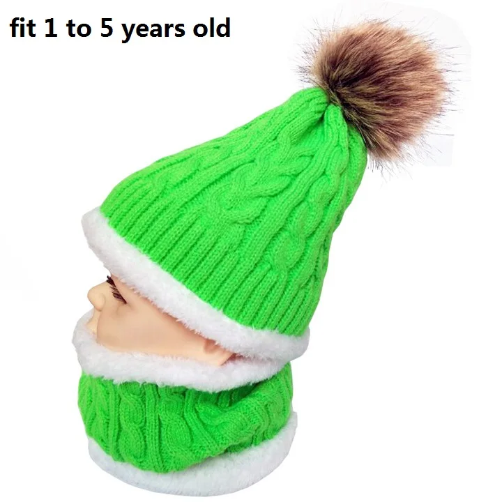 Новинка; модная зимняя вязаная детская шапка с шарфом кольцевой ошейник из теплого толстого плюша детские шляпа детская шапочка для мальчиков и девочек Детская кепка шарф - Цвет: green