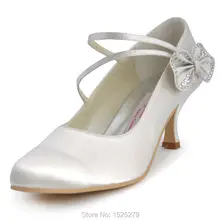 Freies Verschiffen EP2018 Braut Frauen Elfenbein Weißen Partei Pumpen Med High Heel Strass Bogen Schnallen Satin Hochzeit Schuhe