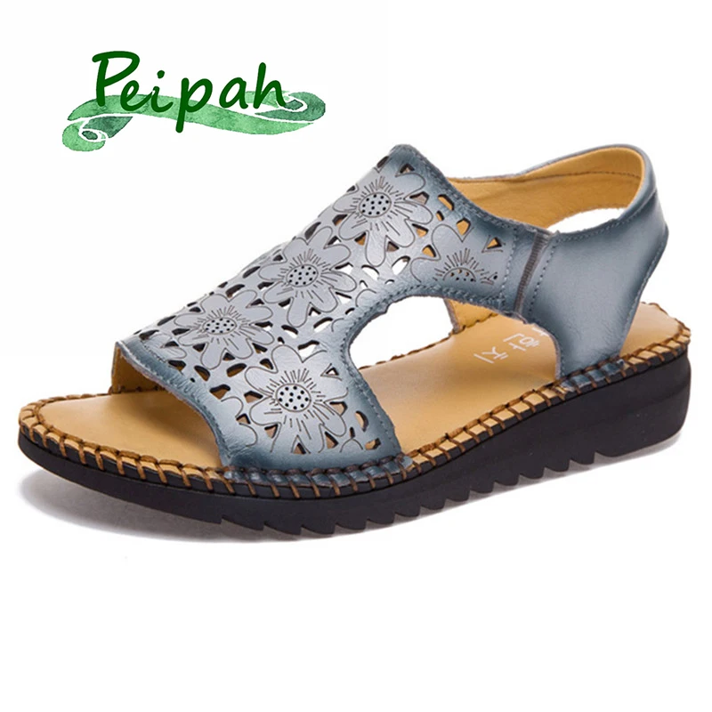 

PEIPAH 2019 Summer Handmade Genuine Leather Women Sandals Cut-Outs Women Flats Sandals Retro Leather Mother Sandal Shoes