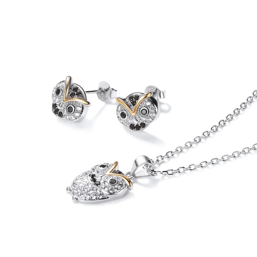 SILVERCUTE 925 пробы Серебряный мудрый Сова цепочки и ожерелья серьги-гвоздики комплект ювелирных изделий для женщин ювелирные украшения Рождественский подарок SCPE6415BK