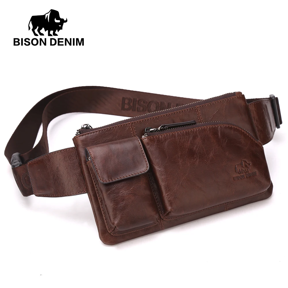 BISON DENIM Men Leather Bags Waist Pack Cowskin Male Chest Belt Bag Phone Pouch Bags Zipper Pocket Travel Crossbody Bags W2444