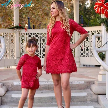 

Mother Daughter Dresses Mum and Baby Kids Girls Wedding Dress Clothes Family Look Set Red Lace Ruffles Mom and Daughter Dresses