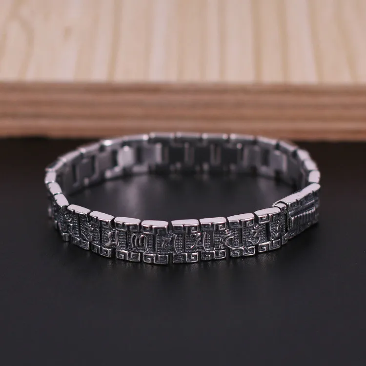

Retro S925 Sterling Silver Six Words Mantras Bracelet & Bangle 8mm Wide Vintage Bangle Bracelet Women Gift Fine Jewelry