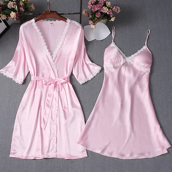 

2020 Satin 2PCS Sleepwear Women Kimono Bathrobe Gown Summer Appliques Trim Twinset Robe Set Sexy Nightgown Intimate Lingerie