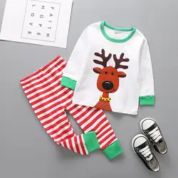 Новорожденных Милая одежда для детей комплект с рисунком оленя футболка с принтом + полосатая одежда для маленьких мальчиков Обувь для