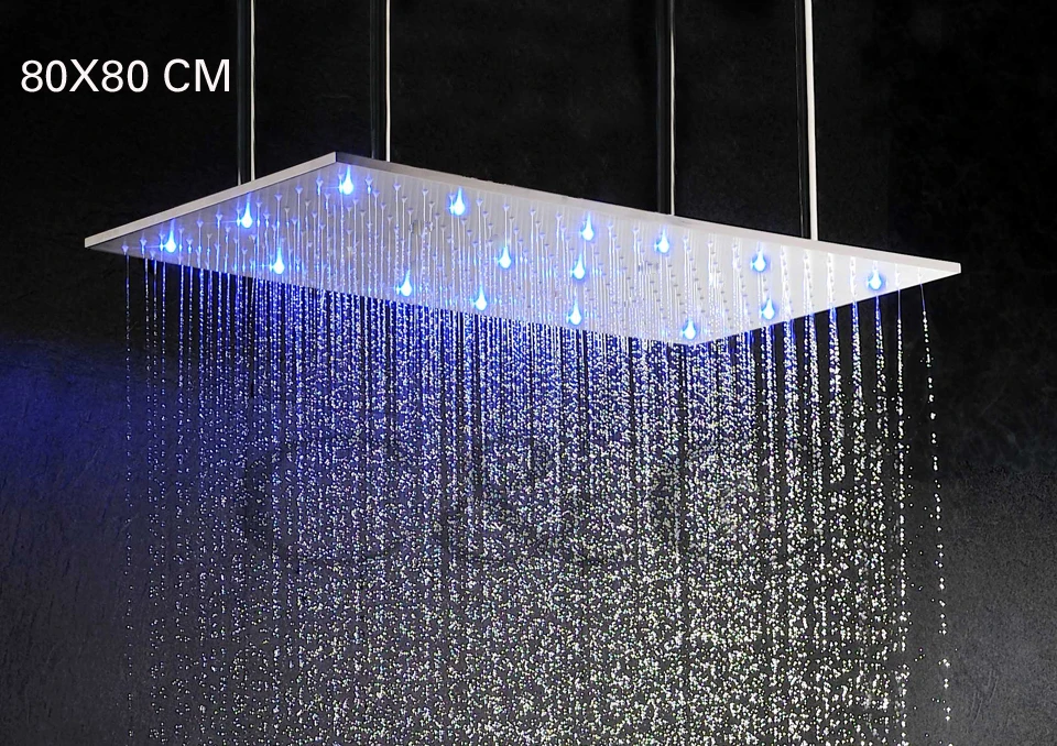 

31 Inch Ceil Mounted Brushed Nickle Three-Color Rainfall LED Shower Head With Arms L-80X80