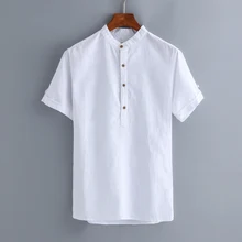 Мужская летняя рубашка с воротником-стойкой, льняные мужские рубашки больших размеров, повседневная мужская рубашка, однотонные деловые рубашки, Мужская сорочка Camisa