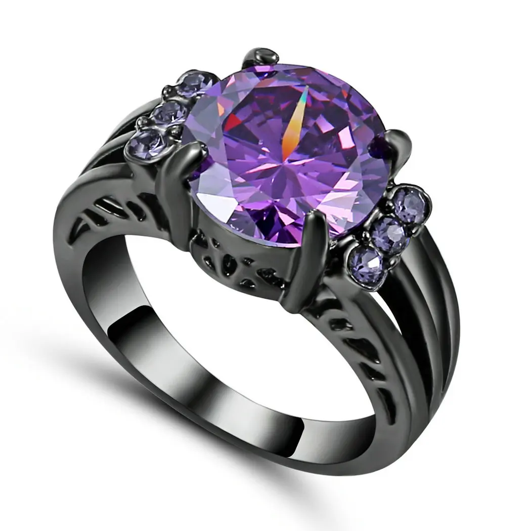 KRISOEN Black Rings for Women Purple Crystal Heart Cubic Zirconia stone jewelry Birthday Proposal Statement Eternity Rings 