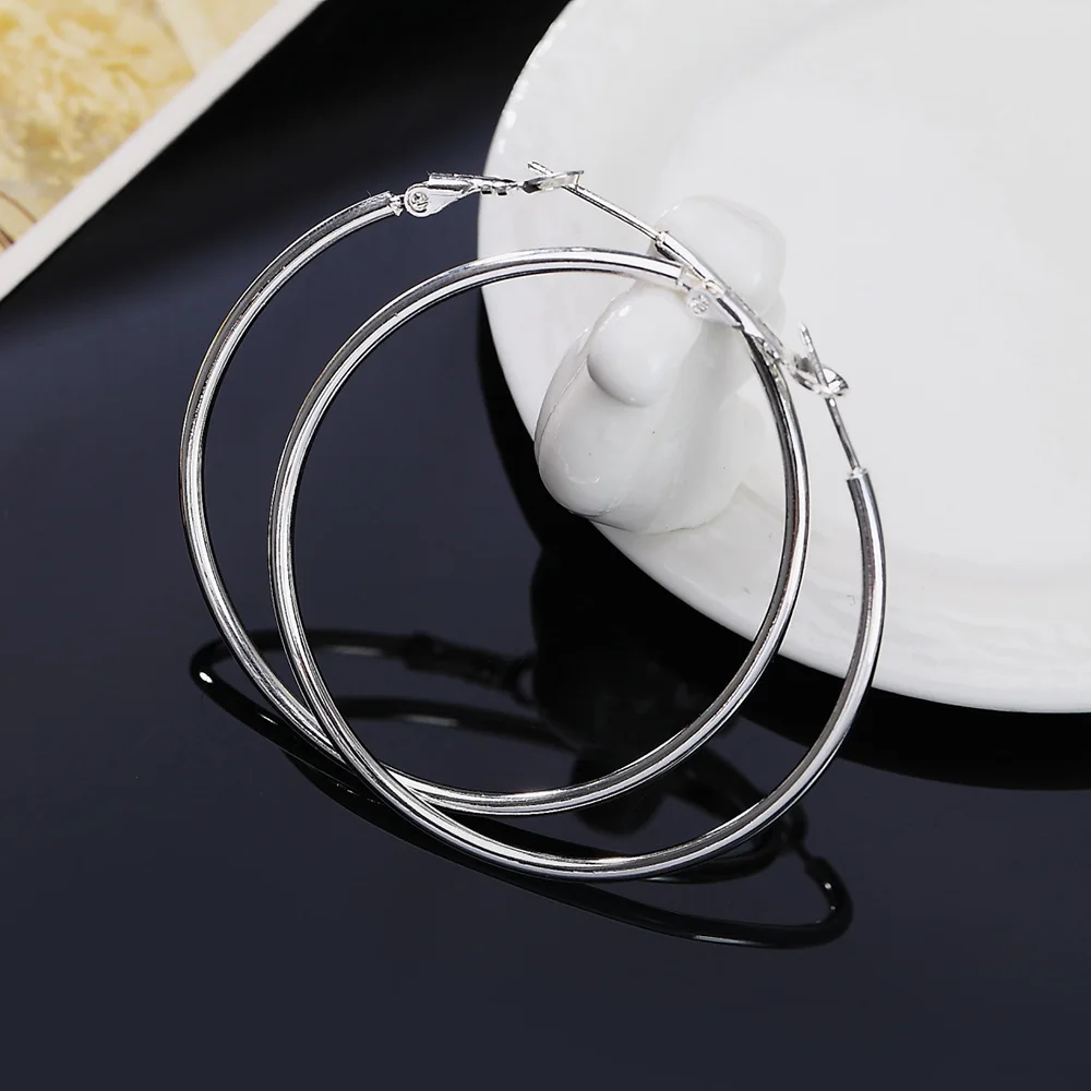 

KITEAL New Fashion Plated Silver Simple Smooth big round circle 5cm 6cm 7cm 8cm Hoop Earrings for women Jewelry High Quality