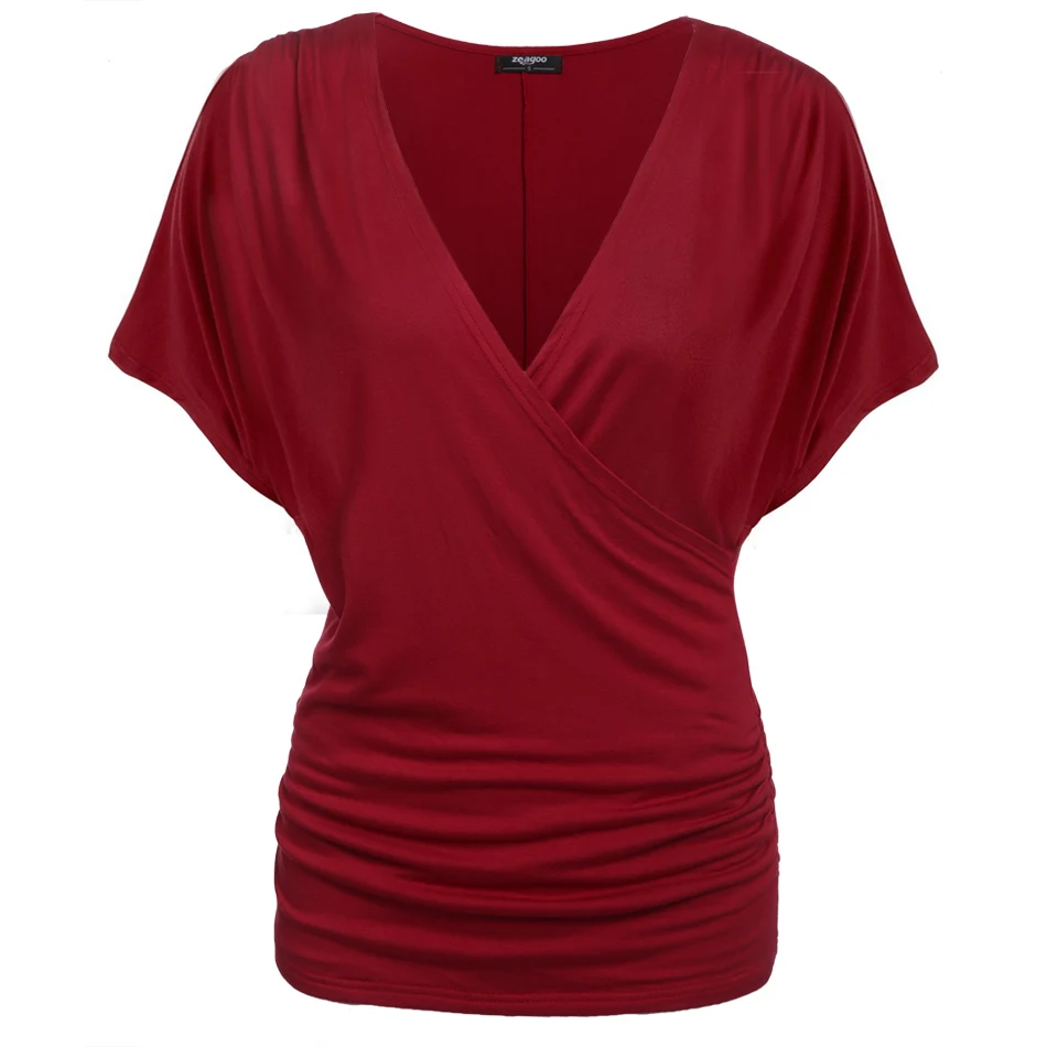 Meaneor, летняя мода, женские футболки с глубоким v-образным вырезом, женские футболки высокого качества, рукав летучая мышь, передняя складка, футболка с драпировкой, Топ - Цвет: Wine Red