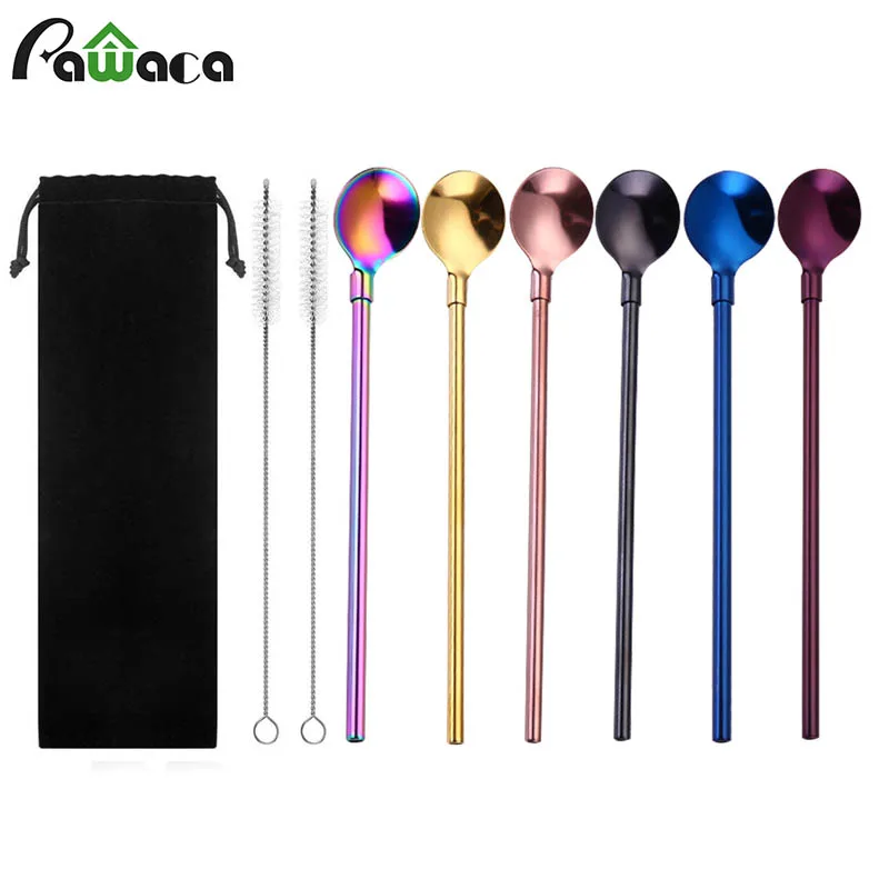 

6pcs/lot Reusable Straws Spoon 2-in-1 Metal Stirrers Bar Cocktail Stirring Mixing Spoons with 2 Cleaning Brushes and Storage Bag