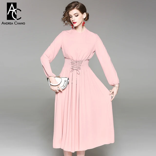 autumn spring woman dress drawstring waist belt black pink calf