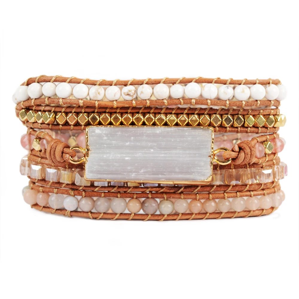 

White Selenite Wrap Bracelets Handmade For Women Natural Stone Beaded Leather Bracelet Genuine Leather 5 Strands Wrap Bracelet