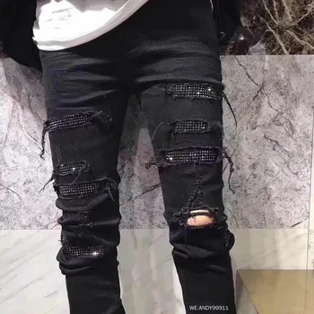 

Faux Diamond Rhinestones Biker Paint Patchwork Spliced Frayed Distressed Wash Destroy Jeans Slim Trousers Ripped Denim Men Pants