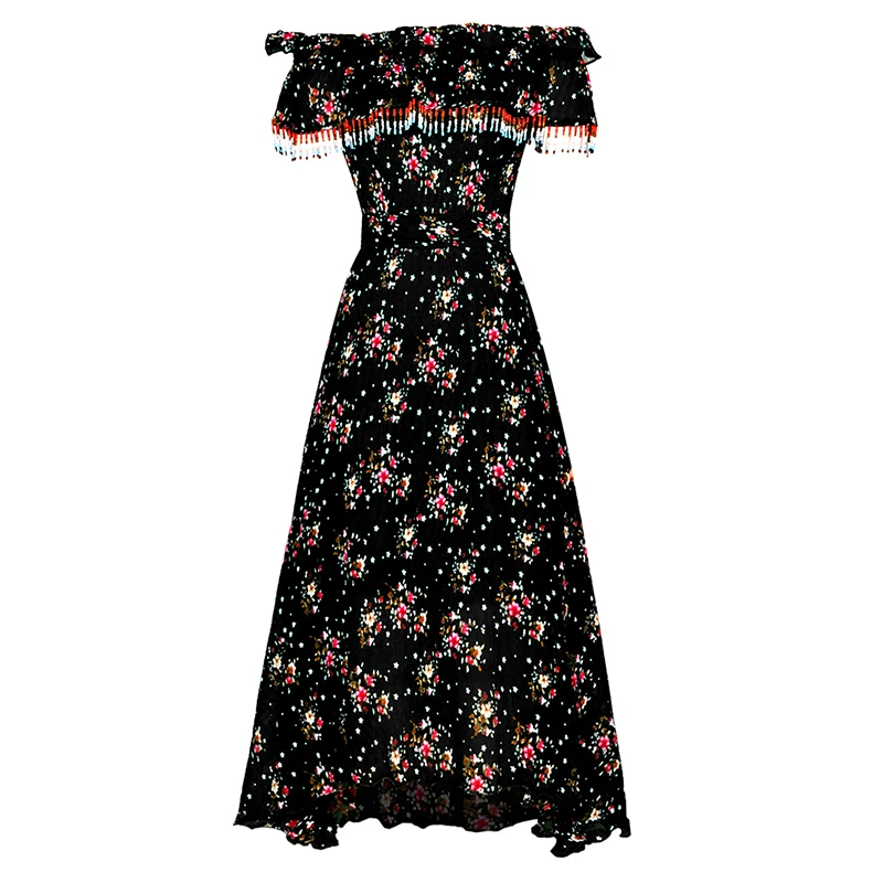 

HIGH QUALITY Newest 2019 Summer Runway Dress Women's Slash Neck Beading Charming Floral Print Mid-calf Dress