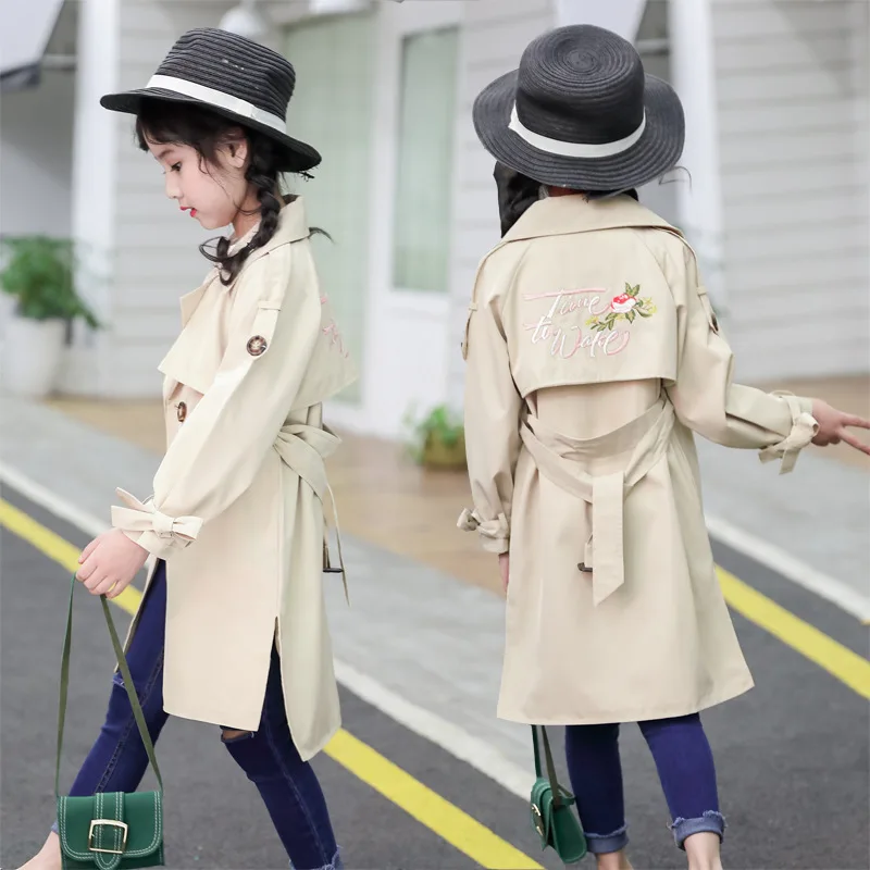 

Trench Coat Girls Autumn Clothes Windbreaker Jackets Long Sleeve Teenage Girl Fashion Long Trench Enfant 10 11 12 13 Girl Blazer