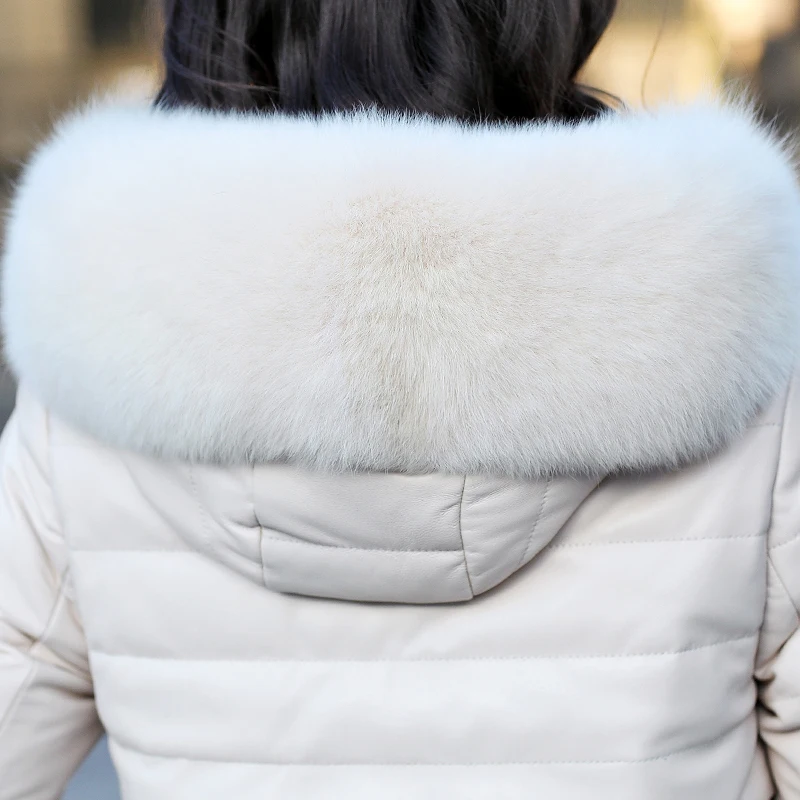 2018 New Leather Down Jacket Women Long Parka Winter Fashion Sheep Leather Fox Fur Hooded Feminino Outerwear