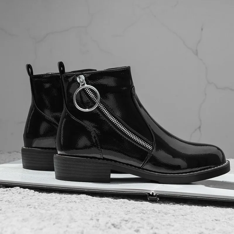 

US4-11 Womens Round Toe Patent Ankle Boots Motorcycle Side Zippers Riding Punk Shoes Plus Size 3Colors Winter Warm A567