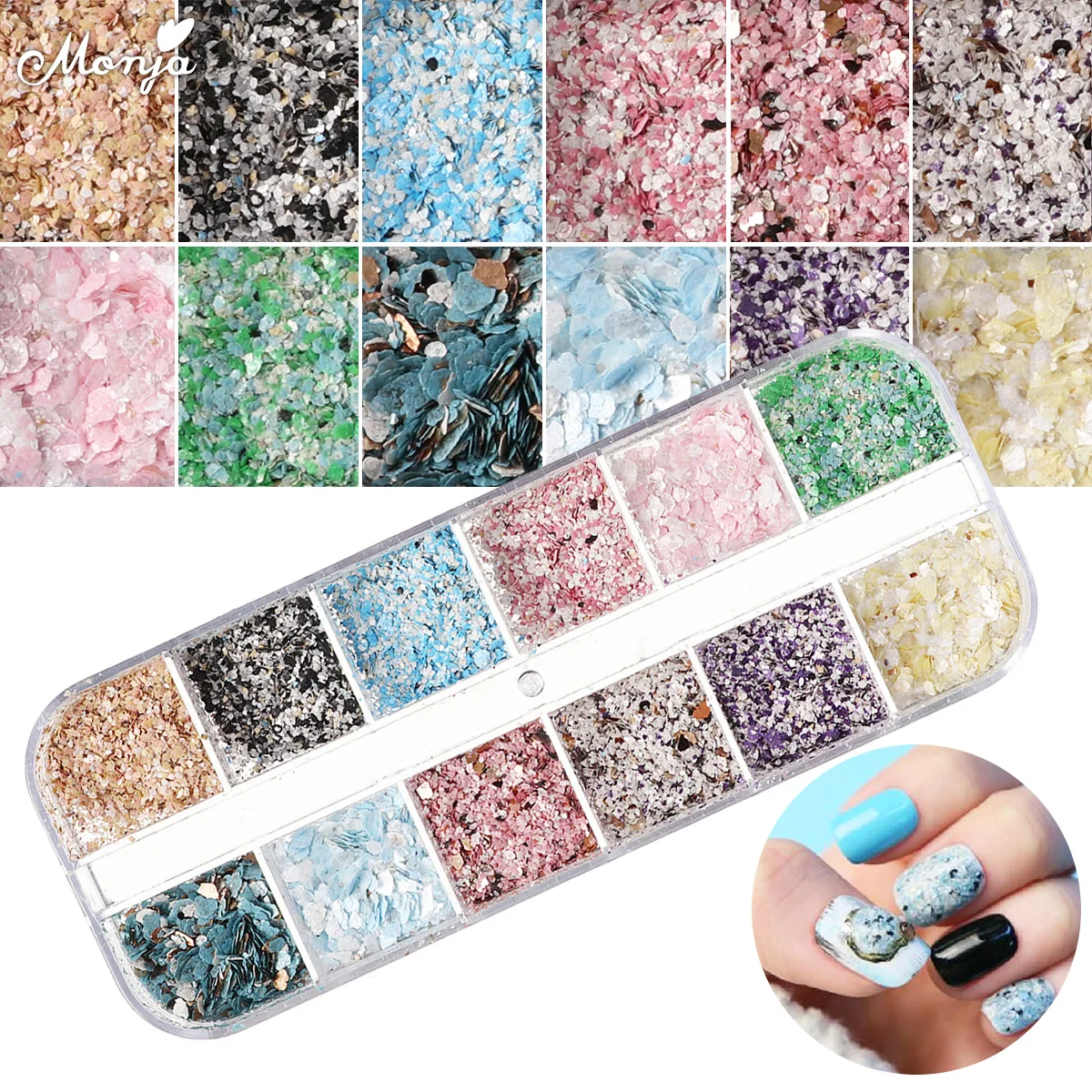 

Monja 12 Grid Mixed Style Nail Art Holo Marble Glitter Flake Natural Irregular Crushed Sequins DIY Decal Decoration Accessories