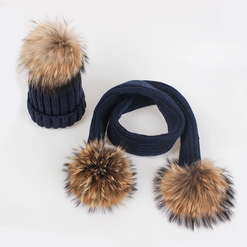 DMROLES, 2 шт./лот, детская зимняя шапка и шарф, шапка с помпонами, детская зимняя шапка, теплая вязаная шапка, шапки бини, шарфы для девочек - Цвет: Navy Blue