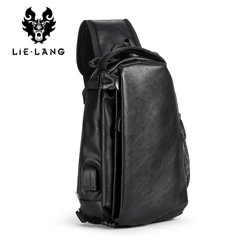 LIELANG Leather Chest Bag Man USB Charge Black Crossbody Bags Messengers Short Trip Chest Pack Waterproof Sing Shoulder Bags