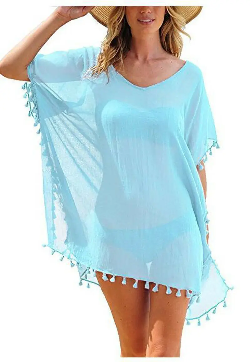 New Women Beachwear Swimwear Tassel Bikini Cover Up Summer Kaftan Beach Dress Bathing Suits Summer Mini Dress Loose Solid Pareo - Цвет: Light Blue