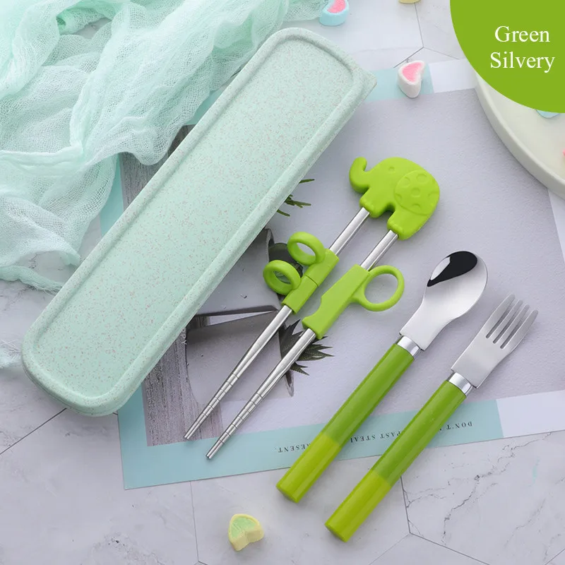 Green-sliver 1 set Детская вилка для ложки и палочек комплект ювелирных изделий с коробкой 4 шт. посуда дети учатся палочки дозирующая детская ложка для Портативный обучение Нержавеющая сталь посуда - Цвет: Green-sliver 1 set