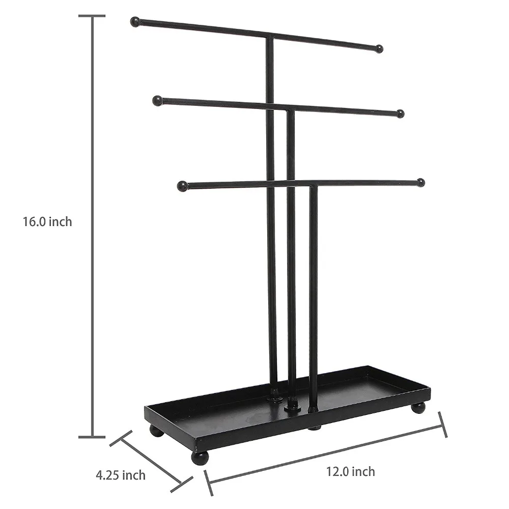 Из современного черного металла 3 уровня Настольный браслет и ожерелье ювелирные изделия Органайзер Дисплей подставка из дерева