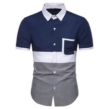 

Short sleeve Social Shirt Male New Summer Blouse Men White Navy Fashion Casual Shirt for Men Oxford Colorblock